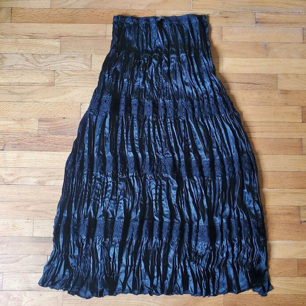 Rampage‎ Vintage Crinkled Satin Tiered Midi Skirt Crochet Lace Dark Fairy Witchy
